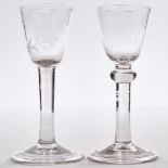 Two English Plain Stemmed Wine Glasses, mid-18th century, height 5.7 in — 14.6 cm (2 Pieces)