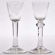 Two English Plain Stemmed Wine Glasses, mid-18th century, height 5.7 in — 14.6 cm (2 Pieces)