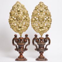 Pair of Italian Pressed Brass and Carved Pine 'Porta Palmas' Garnitures, 18th or early 19th century,