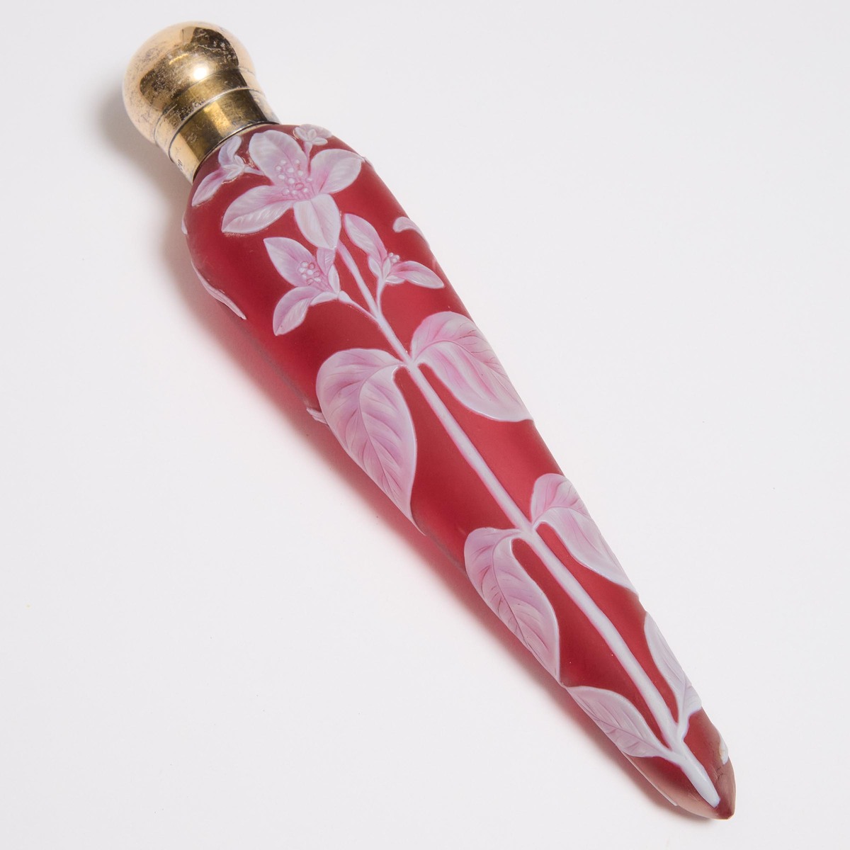English Red Cameo Glass Perfume Bottle, probably Thomas Webb & Sons, 1880s, length 7.2 in — 18.2 cm
