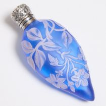 English Blue Cameo Glass Small Perfume Bottle, probably Webb, 1880s, length 3.3 in — 8.5 cm