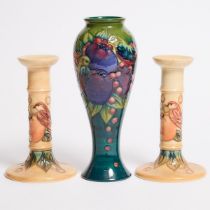 Pair of Moorcroft 'Finch and Fruit' Table Candlesticks and Vase, c.1991, height 10.6 in — 27 cm; he