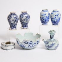 Group of Delft Blue and White Pottery, 18th/19th century, bowl diameter 8.5 in — 21.5 cm (7 Pieces)