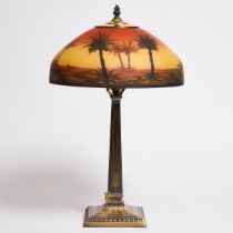 American Reverse Painted Etched Glass Table Lamp Shade, early 20th century, height 22 in — 55.9 cm,