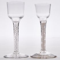 Two English Opaque Twist Stemmed Wine Glasses, c.1760-80, tallest height 5.7 in — 14.5 cm (2 Pieces)