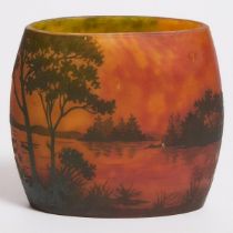 Daum Cameo Glass Oval River Sunset Landscape Vase, c.1900, width 5.5 in — 14 cm; height 4.7 in — 12