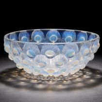 'Plumes de Paon', Lalique Moulded Opalescent Glass Bowl, 1930s, height 3.7 in — 9.5 cm, diameter 9.4