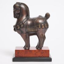 Contemporary Stylized Patinated Metal Model of Tang Horse, 21st century, 10.25 x 6.75 x 4 in — 26 x