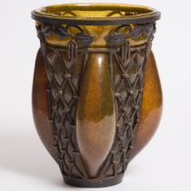 Louis Majorelle Wrought Iron Mounted Daum Amber and Green Glass Vase, c.1925, height 12.2 in — 31 cm