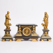 French Neo-Grec Gilt and Patinated Bronze Clock Garniture, c.1870, clock 9 x 14 x 6 in — 22.9 x 35.6