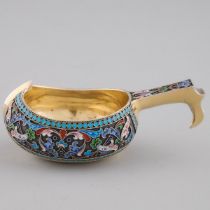 Russian Silver-Gilt and Shaded Cloisonné Enamel Small Kovsh, Nikolai Strulyev, Moscow, 1894, length