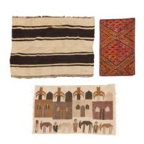 Egyptian Pictorial Kelim together with a Moroccan Kelim and a Moroccan Fragment Mat, all mid 20th ce