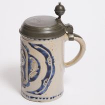 Large Westerwald Pewter Mounted Pottery Stein, 1805, height 10 in — 25.4 cm