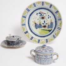 Delft Posset Pot, Butter Dish, and Charger, late 18th/19th century, charger diameter 13.4 in — 34 cm