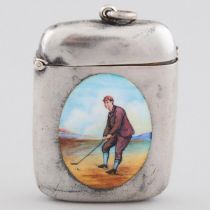 Late Victorian Silver and Enamel 'Golfing' Vesta Case, Rolason Bros., Birmingham, 1894, length 2.1 i