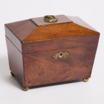 English Regency Figured Mahogany Tea Caddy, c.1820, 6.25 x 7.40 x 5 in — 15.9 x 18.8 x 12.7 cm