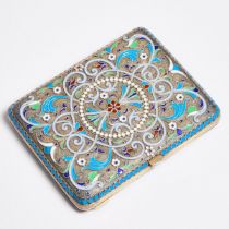 Russian Silver-Gilt and Cloisonné Enamel Rectangular Cigarette Case, Moscow, 1899-1908, length 3.7 i