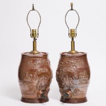 Pair of English Redware Pottery Spirit Barrels, mid 19th century, each barrel, exclusive of hardware