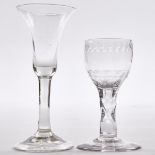 Two English Plain or Faceted Stemmed Wine Glasses, c.1760-80, tallest height 5.9 in — 15 cm (2 Piece