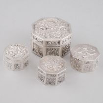 Four Chinese Export Silver Octagonal Boxes, early 20th century, largest height 2 in — 5.2 cm, diamet
