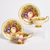 Two Aynsley 'Orchard Gold' Cups and Saucers, D. Jones and N. Brunt, 20th century, saucer diameter 5.