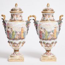 Pair of 'Naples' Porcelain Covered Urns, early 20th century, height 13 in — 33 cm (2 Pieces)