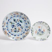 English Delft Polychrome Charger and Plate, probably Bristol, 18th century, charger diameter 13.2 in