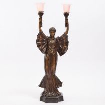 Large Parcel Gilt Patinated Bronze Figural Lamp, after Agathon Leonard, mid 20th century, height 46.