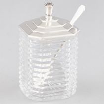 English Silver Covered Cut Glass Honey Pot, Walker & Hall, Birmingham, 1936, height 4.5 in — 11.5 cm