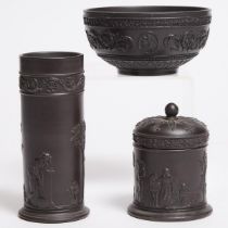 Three Wedgwood Black Basalt Table Articles, 20th century, vase height 6.1 in — 15.5 cm (3 Pieces)