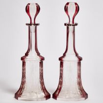Pair of Bohemian Etched and Cut Red and Clear Glass Decanters, early 20th century, height 14.4 in —