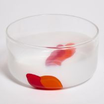 Murano Opaque White, Orange and Red Glass Bowl, c.1980, height 5.1 in — 13 cm, diameter 9.8 in — 25