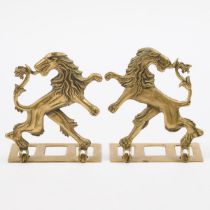 Pair of Brass Rampant Lion Form Bookends, mid 20th century, height 5.8 in — 14.7 cm