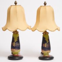 Pair of French Garden Landscape Cameo Glass Table Lamps, J. Michel, early 20th century, overall heig