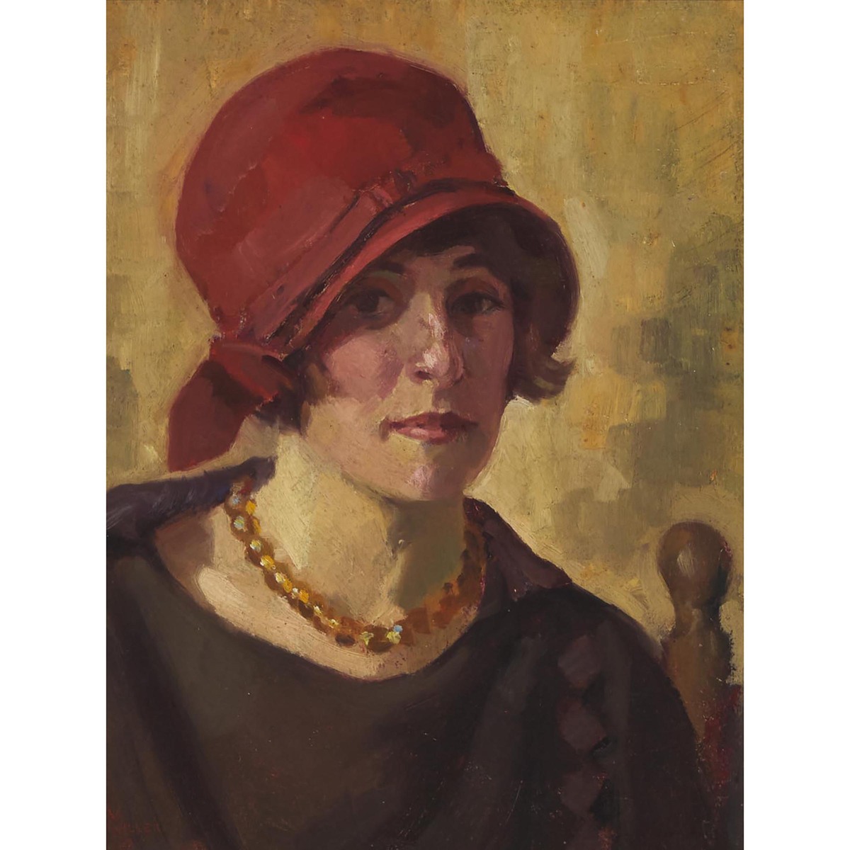 Richard E. Miller (1875-1943), UNTITLED (PORTRAIT OF A WOMAN IN A RED HAT) CA. 1920, signed lower le