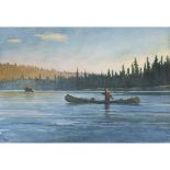THOMAS AQUINAS DALY (b. 1937), CANOE AND MOOSE, signed lower left, sight 11 x 16 in — 27.9 x 40.6 cm