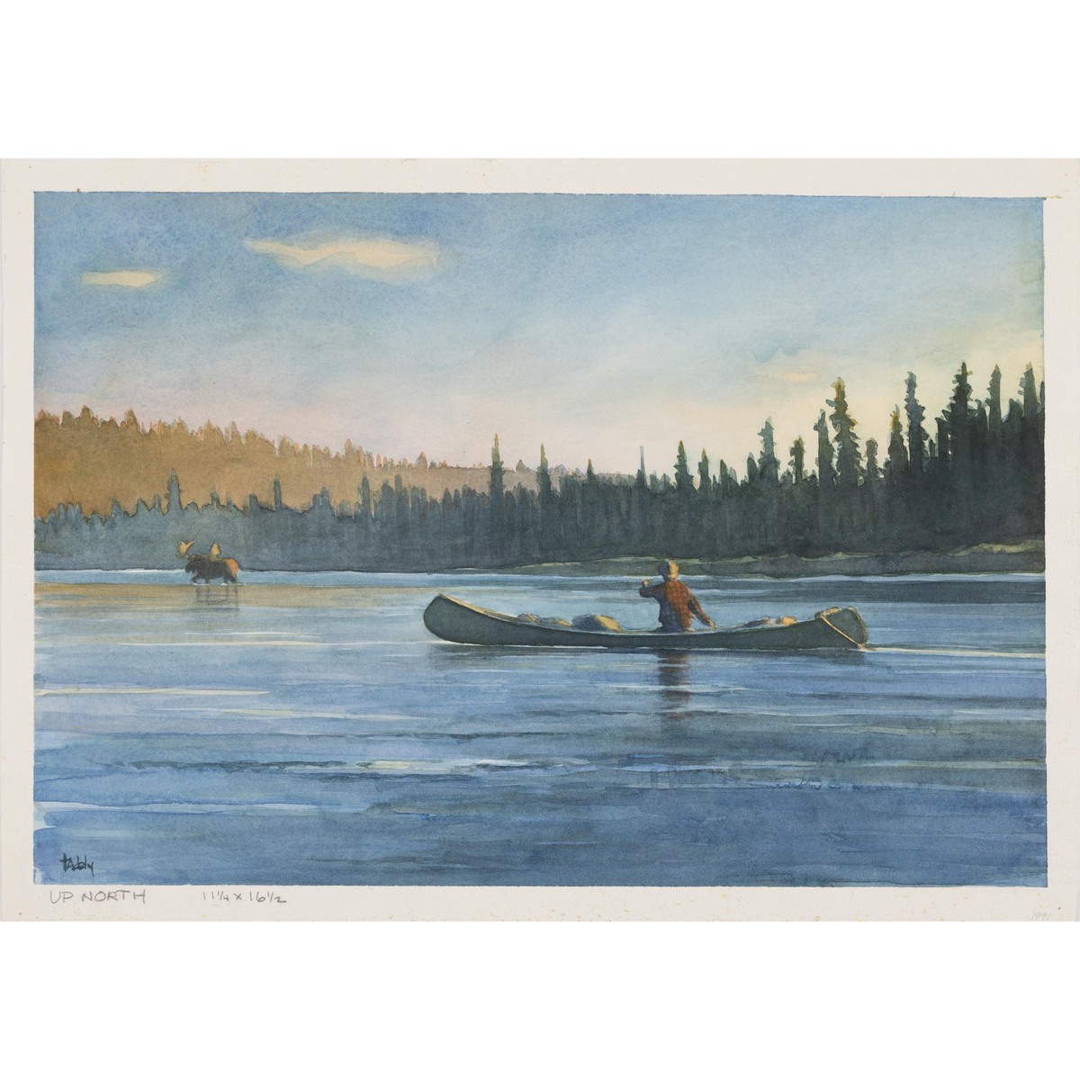 THOMAS AQUINAS DALY (b. 1937), CANOE AND MOOSE, signed lower left, sight 11 x 16 in — 27.9 x 40.6 cm - Image 2 of 3