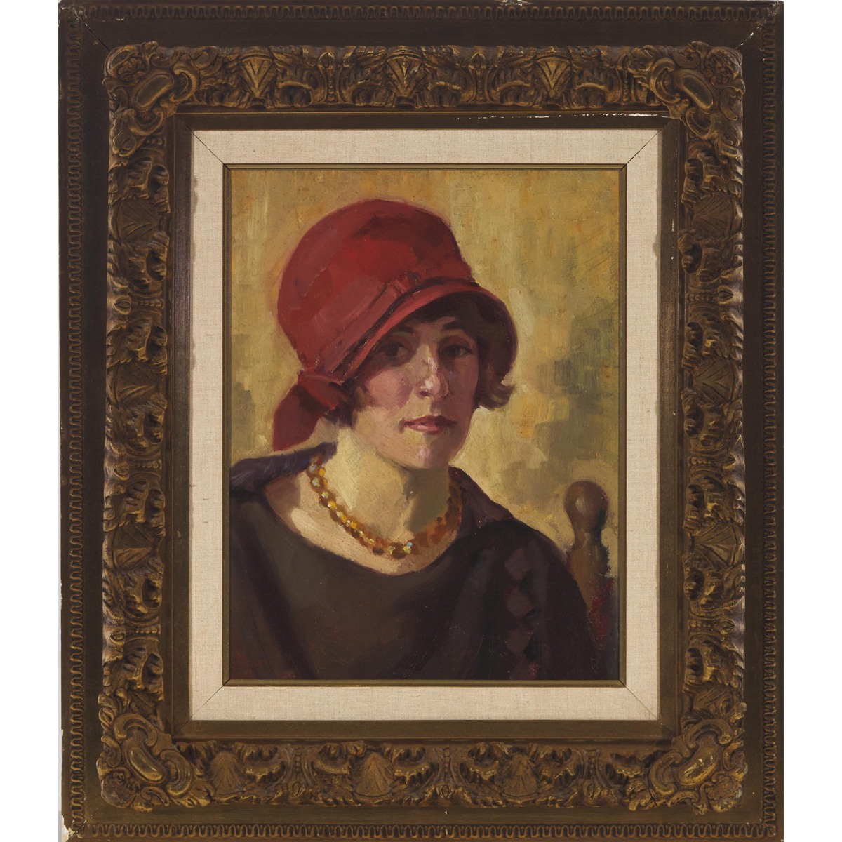 Richard E. Miller (1875-1943), UNTITLED (PORTRAIT OF A WOMAN IN A RED HAT) CA. 1920, signed lower le - Image 2 of 4