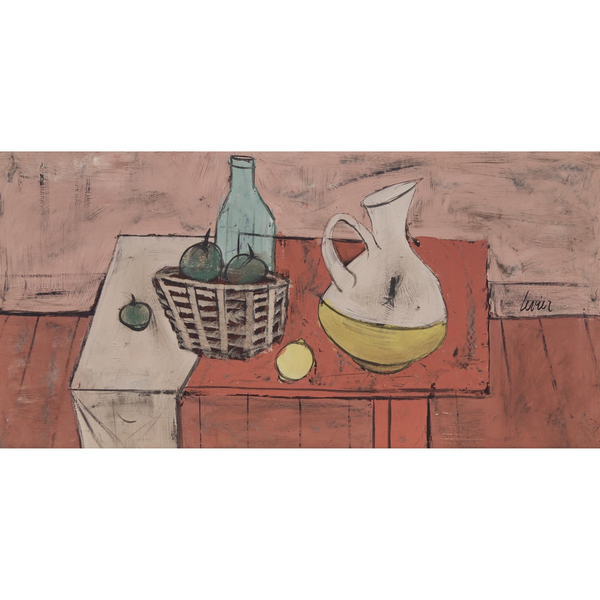 Charles Levier (1920-2003), STILL LIFE WITH PITCHER AND BASKET OF FRUIT, signed centre right; signed