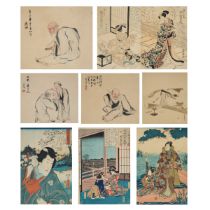 A Group of Eight Japanese Paintings and Woodblock Prints, 19th-20th Century, largest frame 19 x 25 i