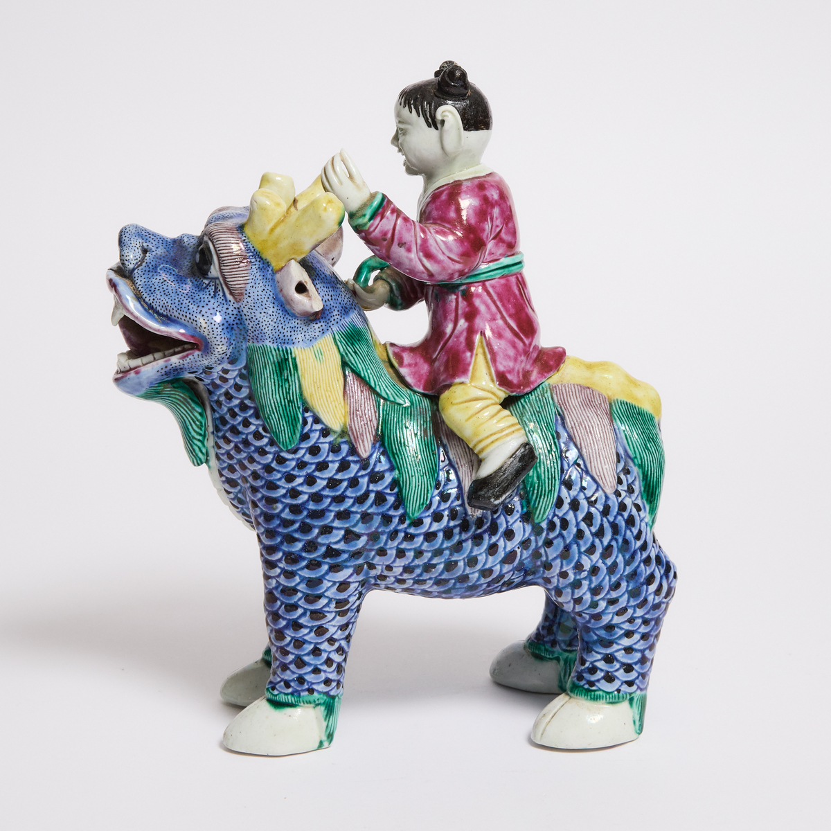 A Chinese Export Porcelain Figure of a Boy Riding a Qilin, 19th Century, 清 十九世纪 麒麟童子瓷塑, height 10.7 - Image 2 of 4