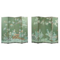 A Pair of Chinese Export Painted Wallpaper Four-Panel Screens, 19th Century, 清 十九世纪 外销绿地花鸟图屏风一套四扇,