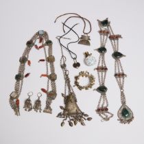 A Group of Eight Central Asian Jewellery Pieces, Together With a Glass Perfume Bottle, 19th-20th Cen