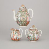 A Three-Piece Canton Famille Rose Tea Set, Circa 1900, 约1900年 广彩瓷茶具一套三件, tallest height 7.3 in — 18.