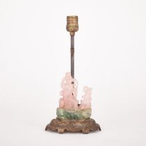 A Rose Quartz 'Lady and Boy' Group Mounted as a Lamp, Early 20th Century, 民国 粉晶雕仕女童子摆件后镶嵌成灯, overall