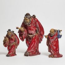 A Group of Three Shiwan Pottery Figures of Zhong Kui and Damo (Bodhidharma), 刘泽棉款 石湾瓷塑钟馗及达摩一组三件, tal