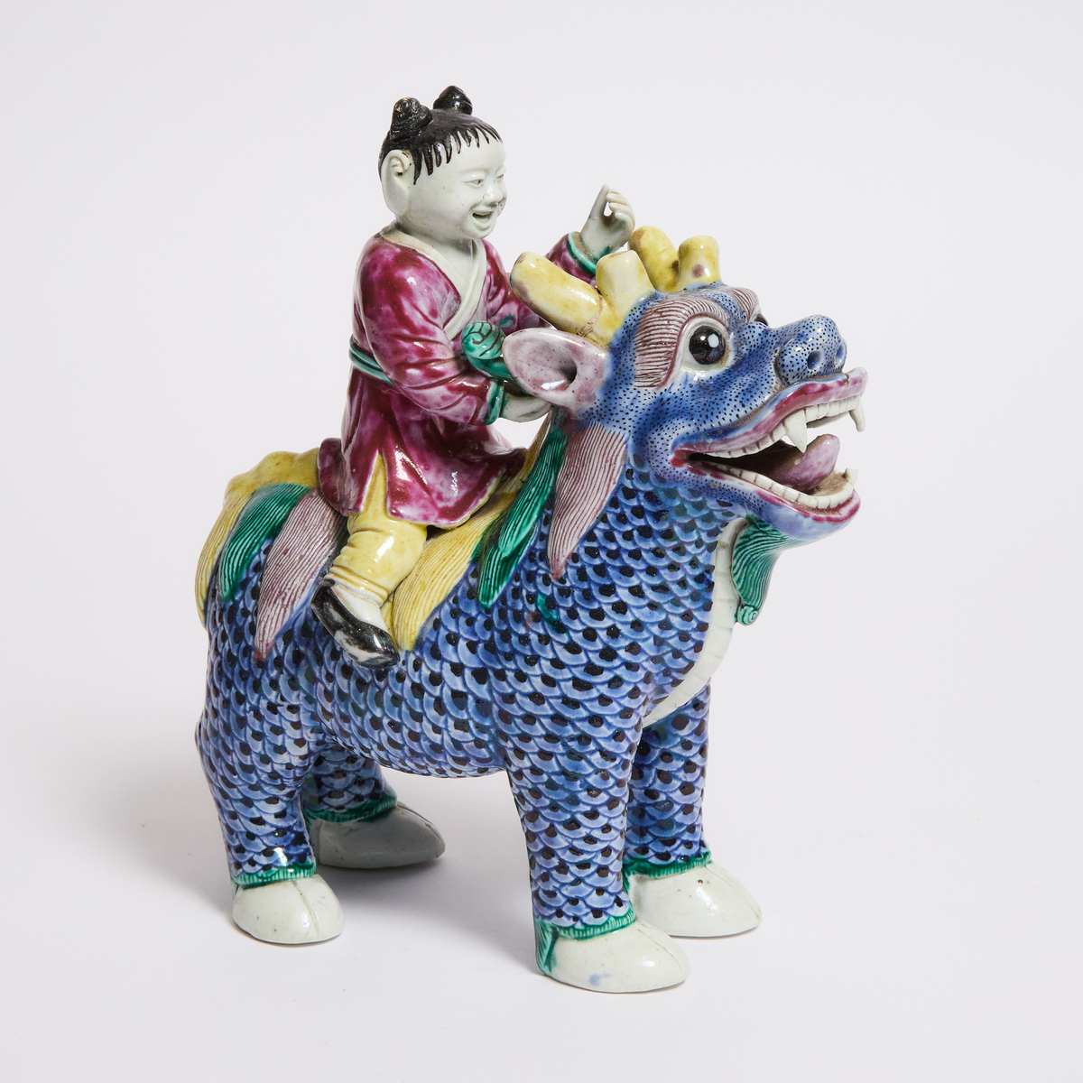 A Chinese Export Porcelain Figure of a Boy Riding a Qilin, 19th Century, 清 十九世纪 麒麟童子瓷塑, height 10.7