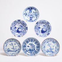 A Group of Six Blue and White Saucers, 18th-19th Century, 清 十八至十九世纪 青花碟一组共六件, largest diameter 5 in