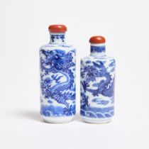 Two Blue and White Porcelain 'Dragon' Snuff Bottles, 19th Century, 清 十九世纪 青花龙纹烟壶一组两件, tallest height