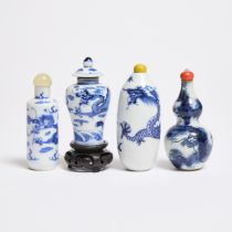 Three Blue and White 'Dragon' Snuff Bottles, Together With a Miniature Covered Vase, 19th Century, 清